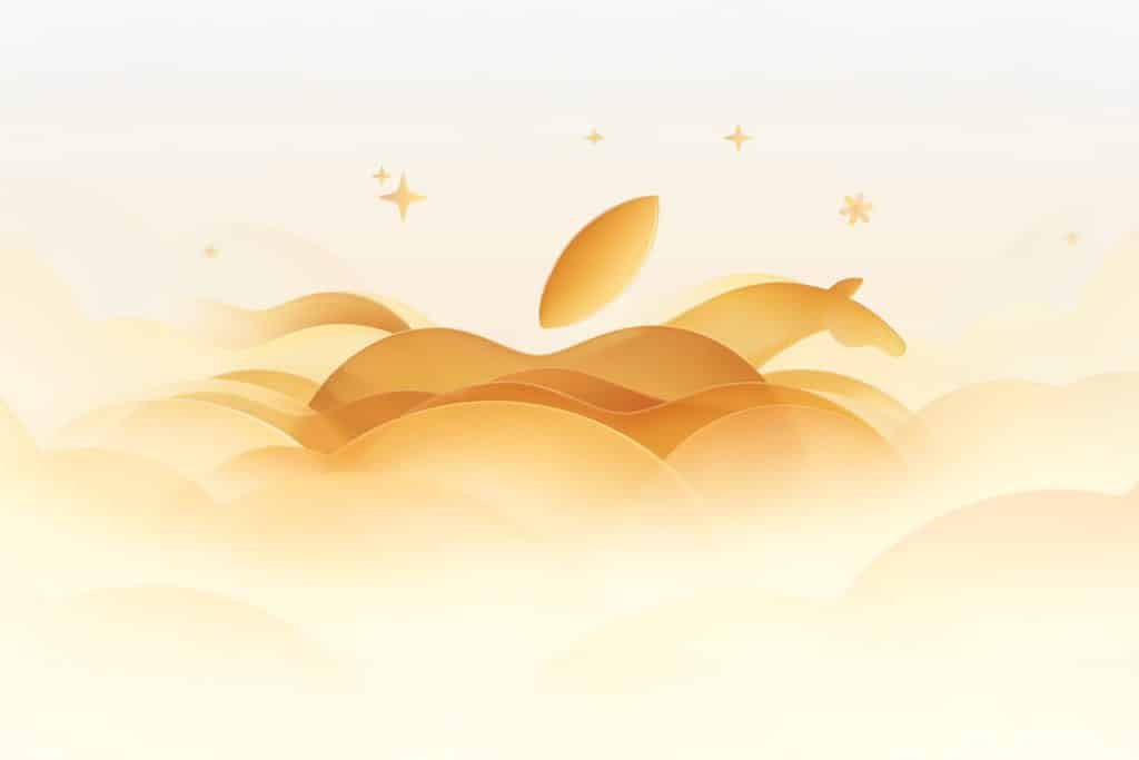 Apple Lunar New Year - Abstract golden horse silhouette galloping through layered, wavy clouds with floating sparkles and soft, warm lighting creates a dreamy, ethereal atmosphere—perfectly capturing the spirit of Apple Lunar New Year celebrations.