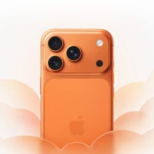 An orange smartphone with three rear cameras and an Apple logo is centered against a soft, white and orange abstract background resembling flower petals, capturing the festive spirit of Apple Lunar New Year.