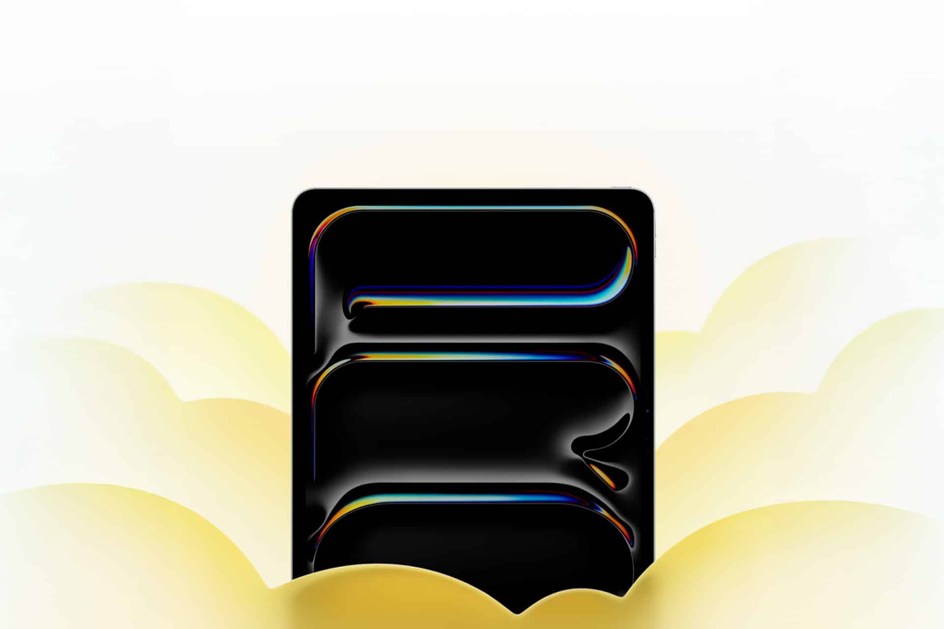 A black rectangular object with shiny, curved rainbow lines forming the shape of the number "5," inspired by Apple Lunar New Year designs, is set against a soft background of yellow clouds and a white gradient sky.