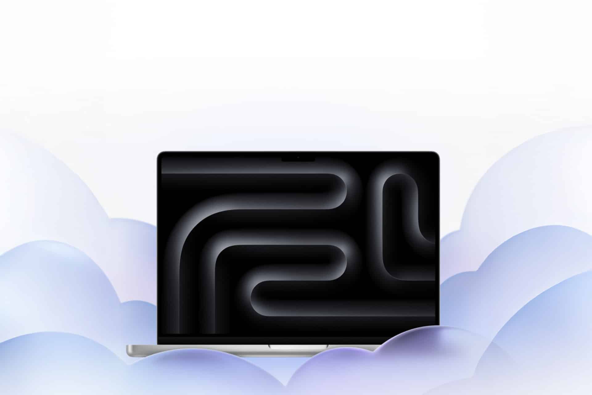 A laptop with a dark abstract pattern on the screen is partially surrounded by soft, pastel-colored clouds against a light background, inspired by the elegance of Apple Lunar New Year designs.