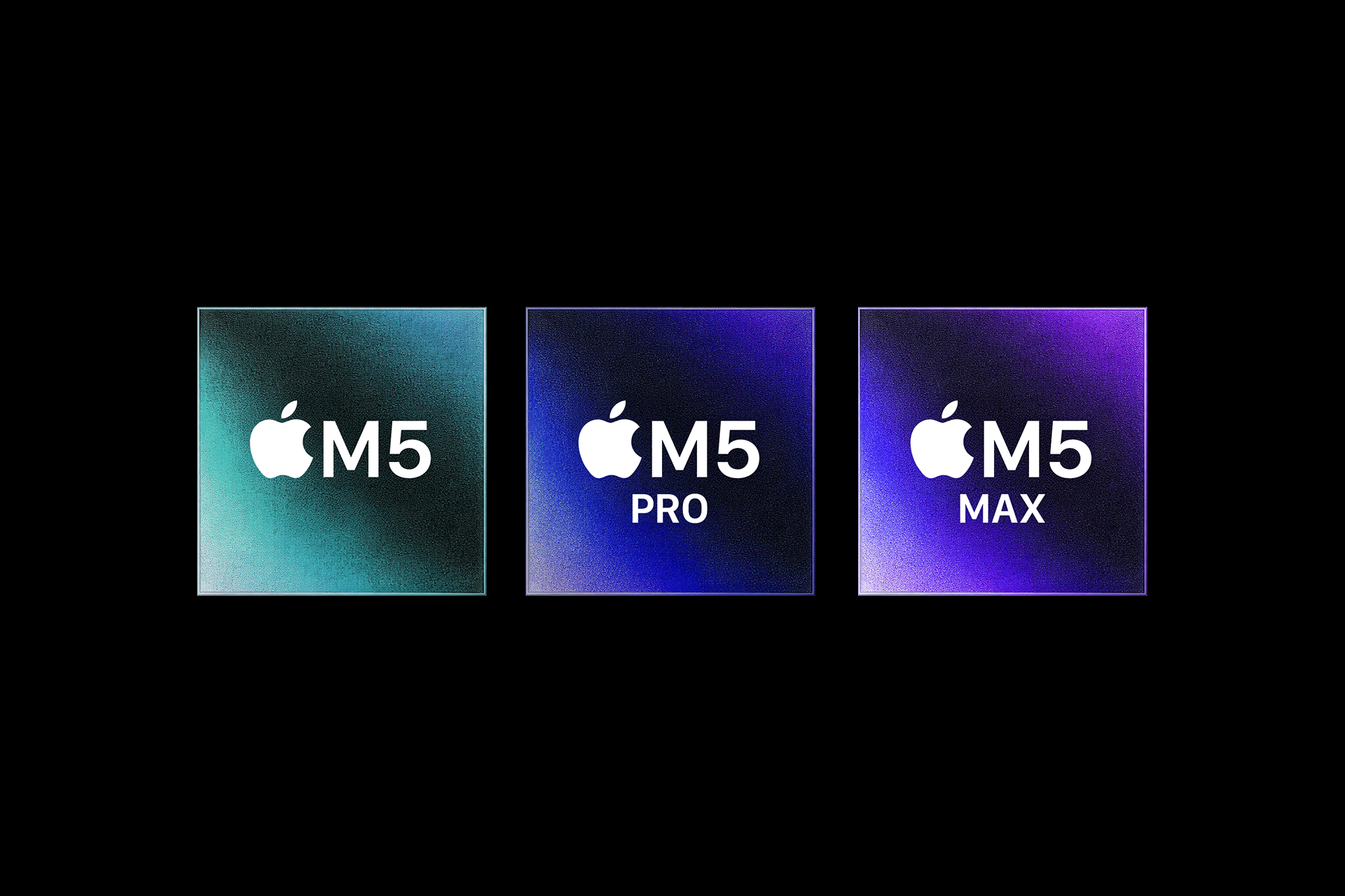 Three Apple silicon chip logos—"M5," "M5 Pro," and "M5 Max"—are shown on textured backgrounds with teal, blue, and purple gradients, representing the power behind devices like the Mac Studio M5.