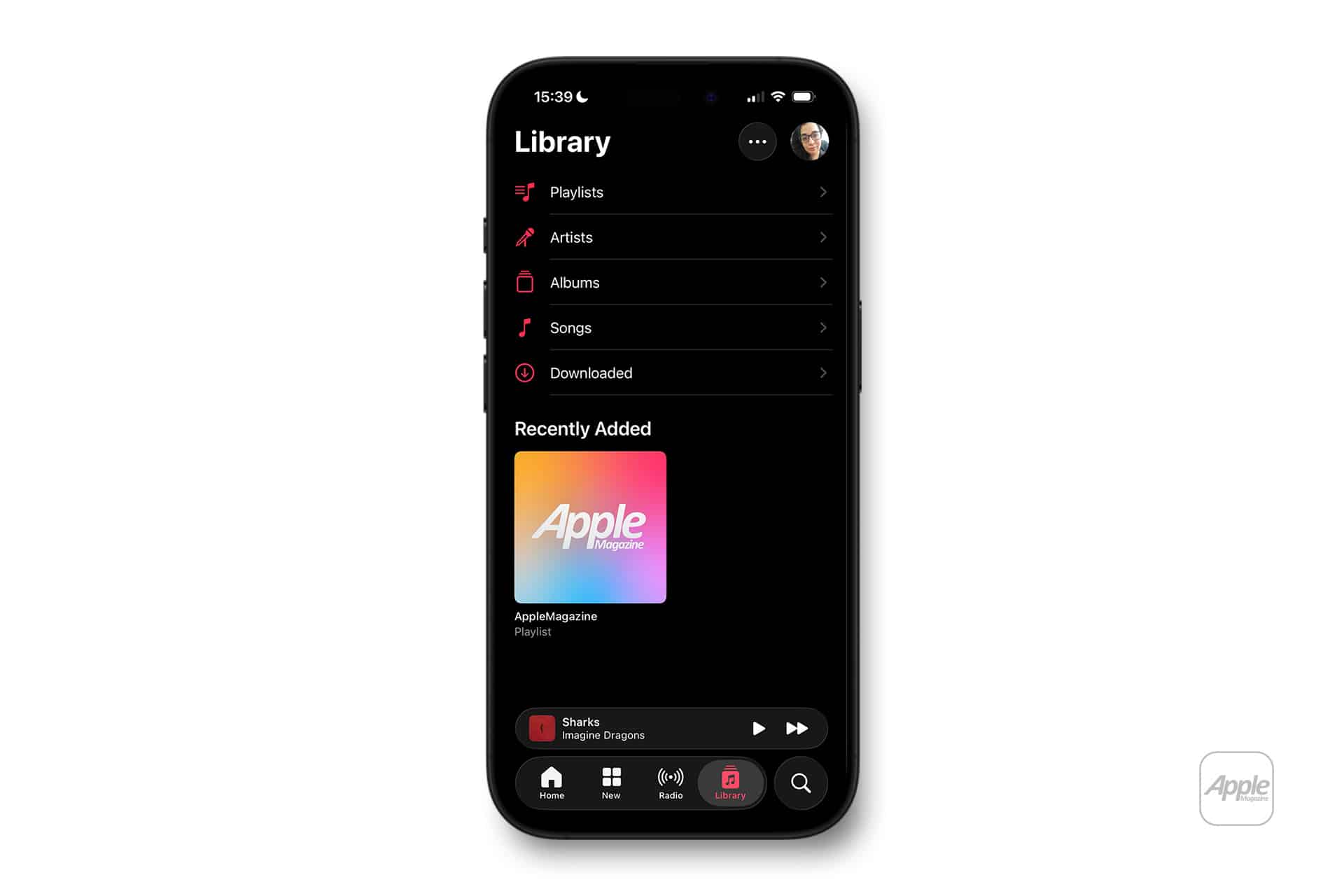 A smartphone displays the Apple Music app in dark mode, showing the Library section with options like Playlists, Artists, Albums, Songs, and Downloaded—highlighting apple music offline download for easy access to tunes anytime.