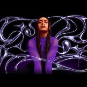 A person in a purple mesh top sits with legs crossed, looking upward. Behind them, swirling neon light patterns in purple and white glow on a black background, as if crafted with the vivid digital artistry of Pixelmator Pro.