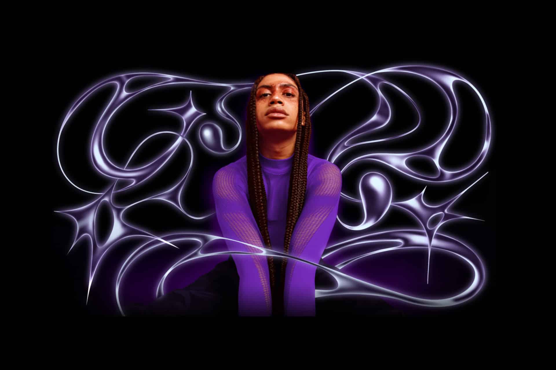 A person in a purple mesh top sits with legs crossed, looking upward. Behind them, swirling neon light patterns in purple and white glow on a black background, as if crafted with the vivid digital artistry of Pixelmator Pro.