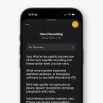 A smartphone screen displays an iPhone voice recorder app with a section titled "New Recording." Text below describes improved recording and transcription features, highlighting built-in capabilities and seamless speech integration. - iPhone voice recorder