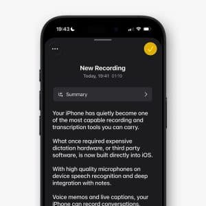 A smartphone screen displays an iPhone voice recorder app with a section titled "New Recording." Text below describes improved recording and transcription features, highlighting built-in capabilities and seamless speech integration. - iPhone voice recorder