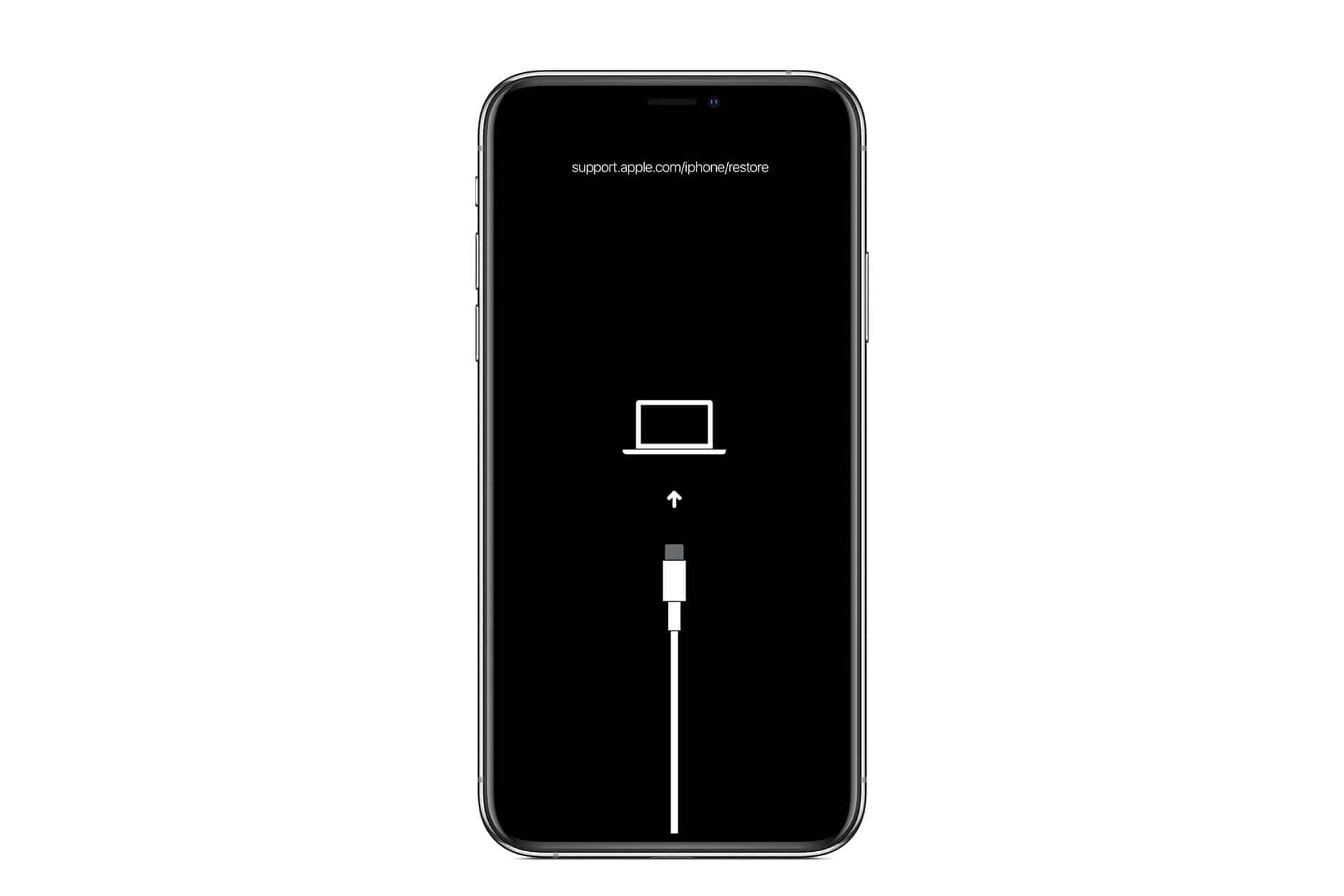 Recovery Mode - An iPhone screen displays an image of a cable pointing to a laptop, with a URL at the top directing to support.apple.com/iphone/restore, clearly indicating the device is in iPhone Recovery Mode.