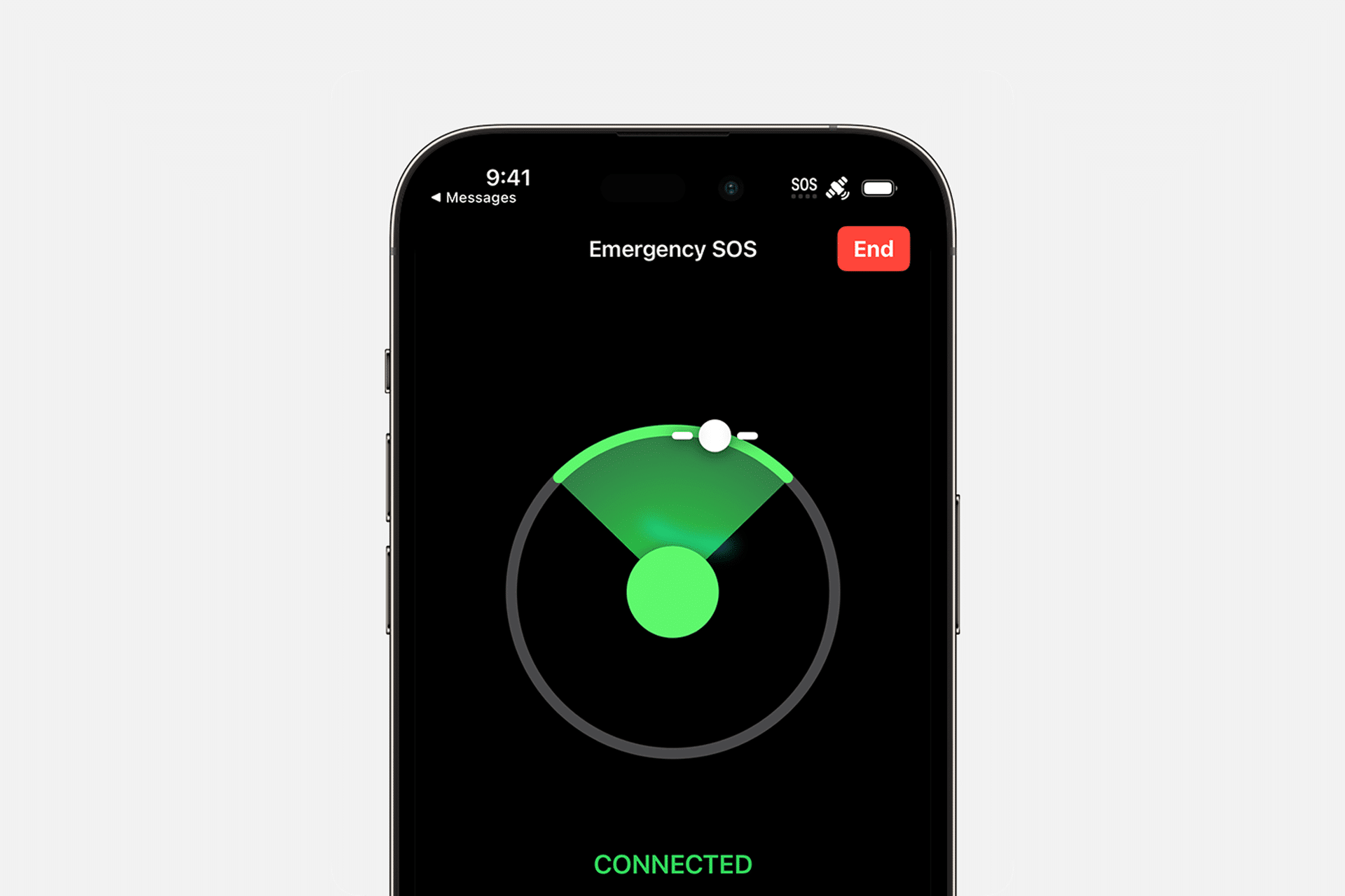 Direct to satellite - A smartphone screen displays the Apple Emergency SOS feature, showing a green signal indicator and the word "CONNECTED" at the bottom, highlighting Starlink connectivity. A red "End" button appears at the top right corner.