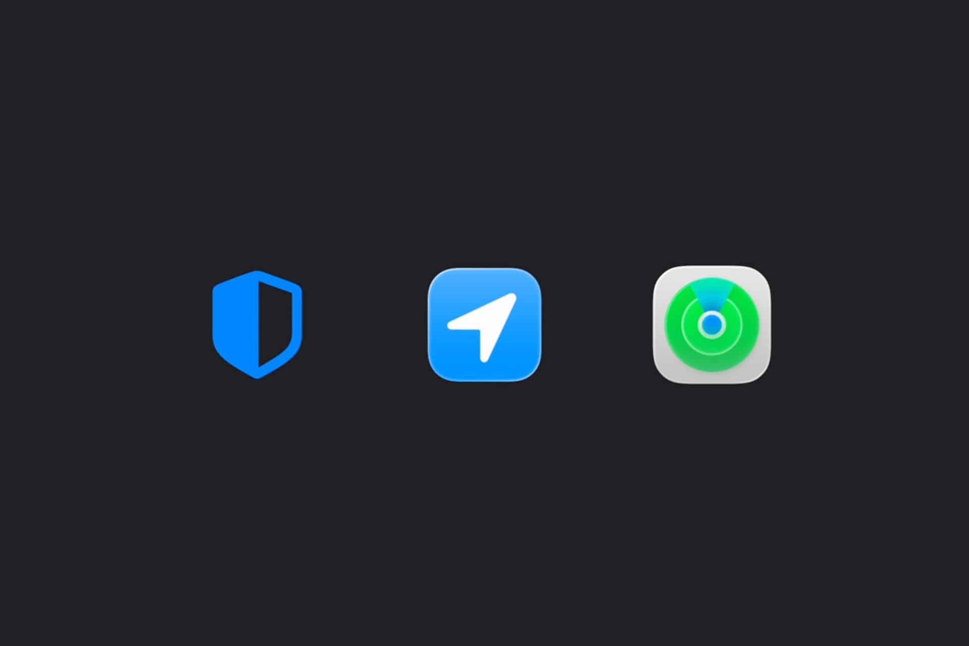 Three app icons on a dark background: a blue shield, a blue square with a white paper airplane, and a green radar with concentric circles—perfect for tracking or securing your stolen iPhone.