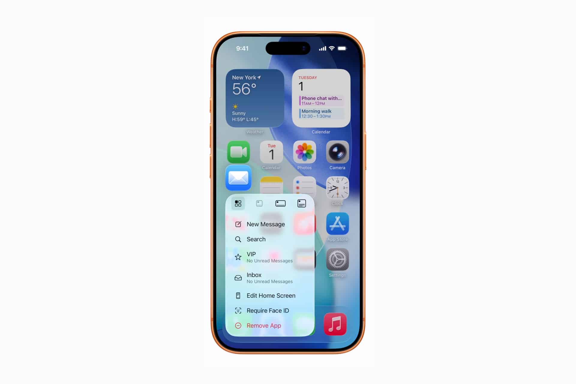 An orange stolen iPhone displays the home screen with various app icons and widgets, including weather, messages, and calendar. A menu for the Messages app is open, showing options like New Message, Search, and Remove App.