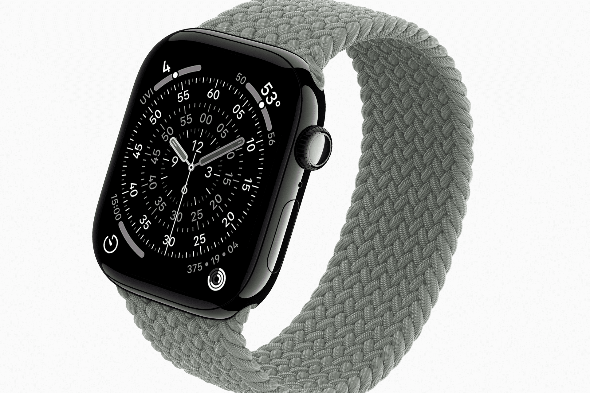 A black Apple Watch with a gray braided solo loop band is shown against a white background. The watch face displays an analog clock with multiple dials, while apple watch screen care helps keep your display looking flawless.