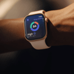 A close-up of a person’s wrist wearing a smartwatch with a light-colored band displays a sleep score of 84 marked "High" and a vibrant circular graph, highlighting the importance of apple watch screen care for clear, accurate readings.