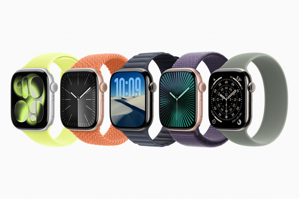 Five smartwatches with different colored bands and unique digital watch faces are displayed in a row, highlighting strap materials and vibrant hues—reminding users that proper apple watch screen care keeps every display looking its best.