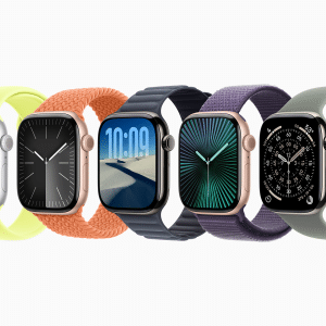Five smartwatches with different colored bands and unique digital watch faces are displayed in a row, highlighting strap materials and vibrant hues—reminding users that proper apple watch screen care keeps every display looking its best.