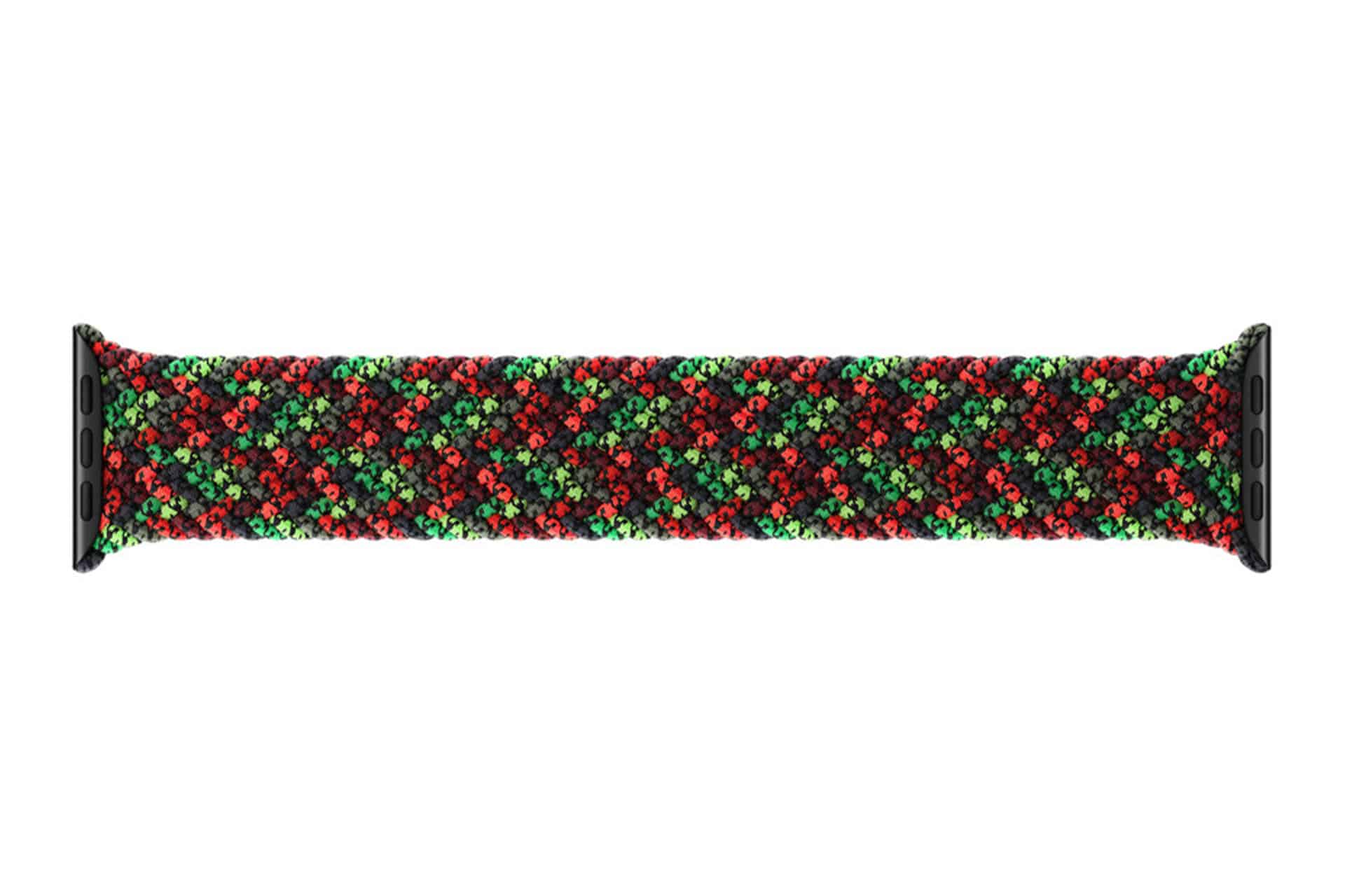 A woven Apple Watch Black Unity Band with a braided pattern in red, green, and black, featuring black connectors on both ends.
