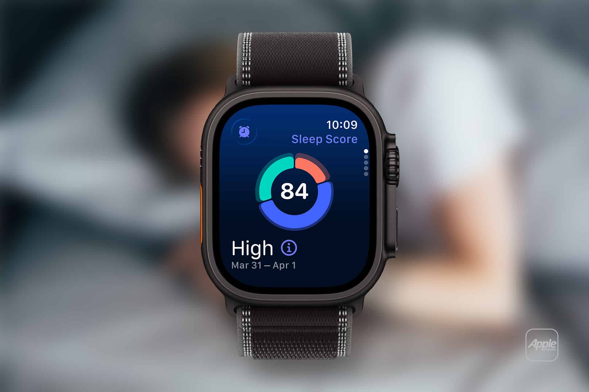 A close-up of an Apple Watch sleep screen displays a score of 84, labeled "High," with a blurred background showing a person resting in bed. - Sleep With Apple Watch