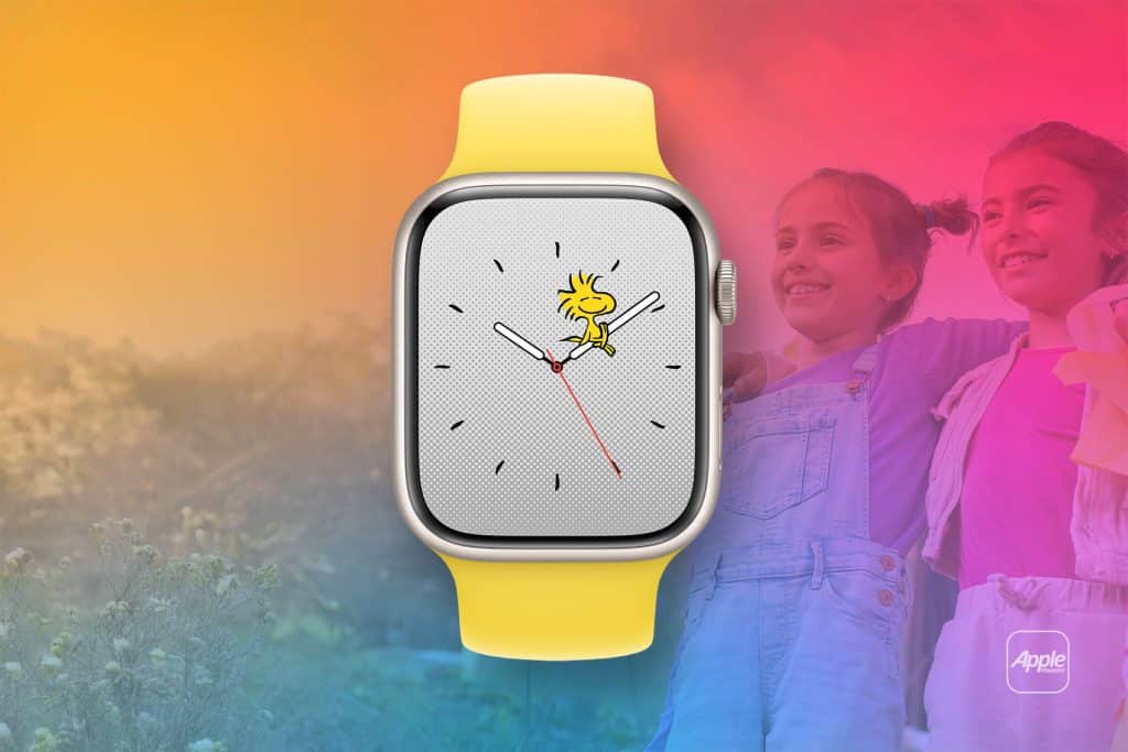 A yellow Apple Watch for Kids with a Woodstock character watch face is centered on a colorful gradient background. Two smiling children stand arm in arm on the right, partially faded behind the watch. The Apple logo sits in the bottom right corner.