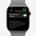 An Apple Watch displays the Workout Buddy feature, enabled and ready to deliver personalized encouragement and data from a synthesized voice during workouts.