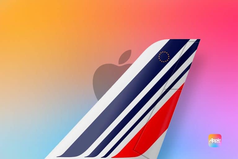 The tail fin of an Air France airplane with blue, white, and red stripes, a small circle of yellow stars, and a faint Apple logo in the background, set against a vibrant gradient background with an “Apple TV” icon in the lower right corner.