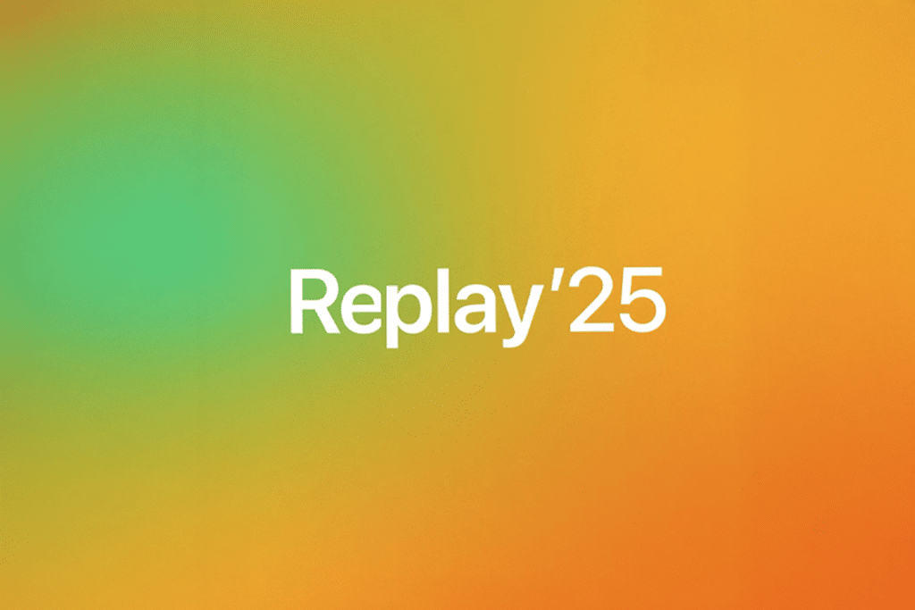 White text reading "Replay '25" is centered on a blurred gradient background of green, yellow, and orange shades, capturing the vibrant look inspired by Apple Music Replay.