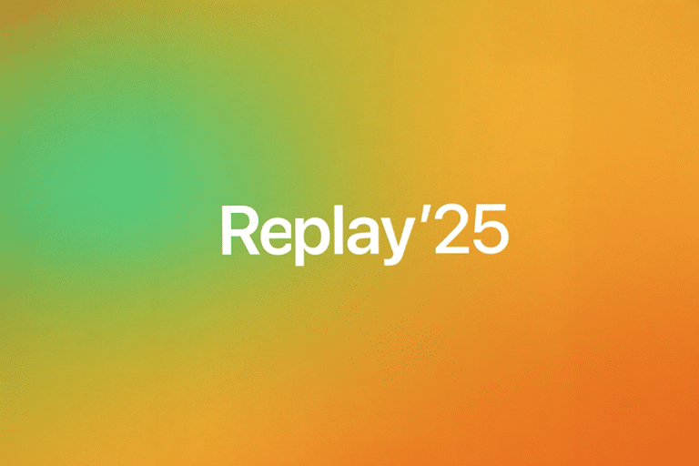 White text reading "Replay '25" is centered on a blurred gradient background of green, yellow, and orange shades, capturing the vibrant look inspired by Apple Music Replay.