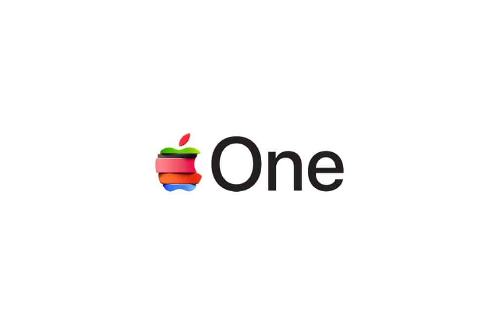 The Apple One logo features a multicolored Apple icon next to the word "One" in black text on a white background, representing a unified experience for Apple Services.