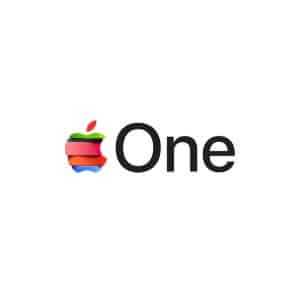 The Apple One logo features a multicolored Apple icon next to the word "One" in black text on a white background, representing a unified experience for Apple Services.