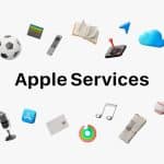 A graphic with the words “Apple Services” surrounded by icons like a soccer ball, joystick, cloud, music note, and gift card—each symbolizing features found in an Apple subscription bundle.