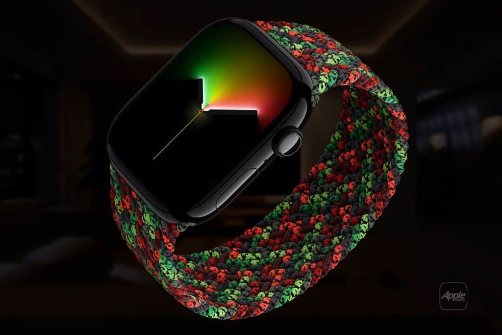 A close-up of an Apple Watch with a black case and a braided red, green, and black band, displaying a colorful gradient watch face, set against a dark, blurred background.
