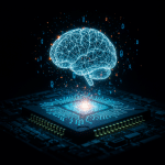 A glowing, digital brain hovers above a computer processor on a dark background, symbolizing artificial intelligence and advanced technology. Blue circuits and data particles connect the brain and chip, hinting at Apple 2026 advancements.