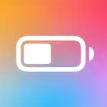 A simple white battery icon with a rectangle inside is centered on a vibrant orange, pink, blue, and purple gradient background, hinting at iPhone battery replacement. The Apple logo is faintly visible in the bottom right corner.