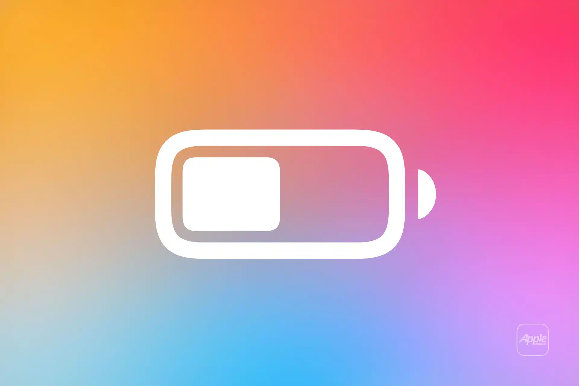 A simple white battery icon with a rectangle inside is centered on a vibrant orange, pink, blue, and purple gradient background, hinting at iPhone battery replacement. The Apple logo is faintly visible in the bottom right corner.