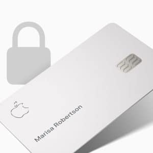 Apple Card Safety - White card with metallic Apple logo and the name “Marisa Robertson” engraved in a metallic finish, featuring a secure chip detail and a subtle lock icon in the background.