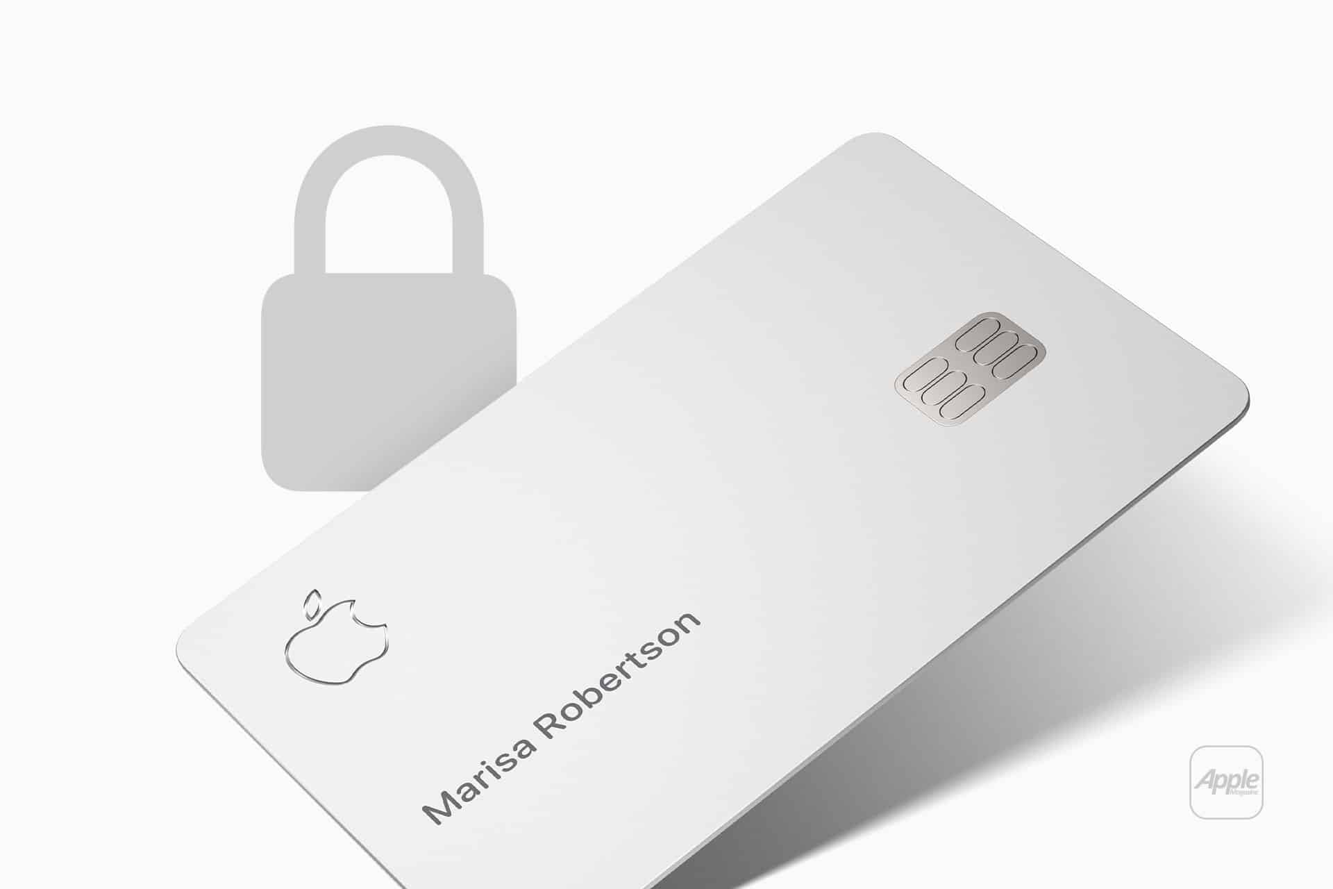 Apple Card Safety - White card with metallic Apple logo and the name “Marisa Robertson” engraved in a metallic finish, featuring a secure chip detail and a subtle lock icon in the background.