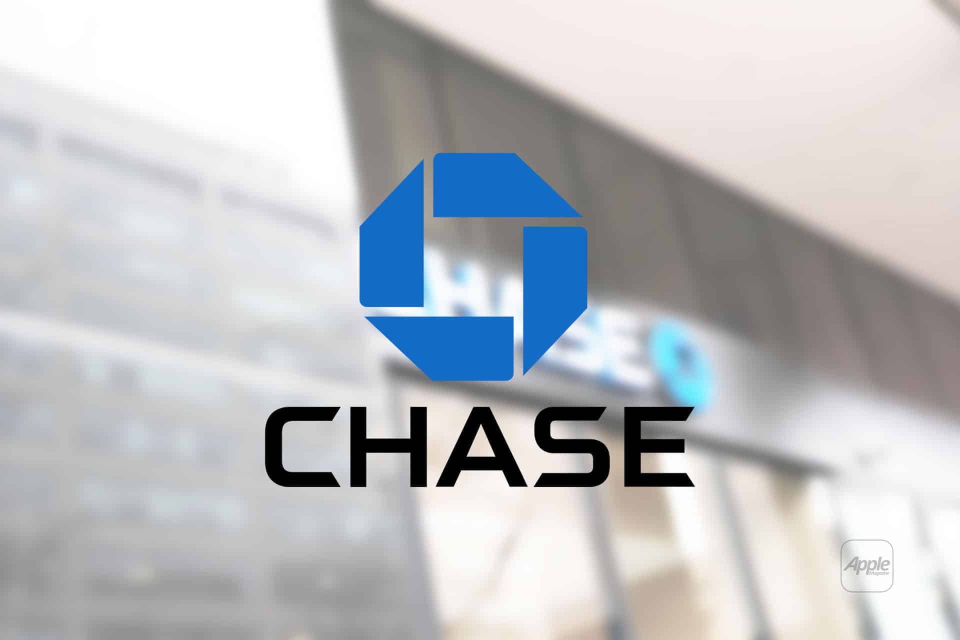 Chase bank logo in blue and black, centered over a blurred building exterior; an "Apple Card" logo is faintly visible in the lower right corner.