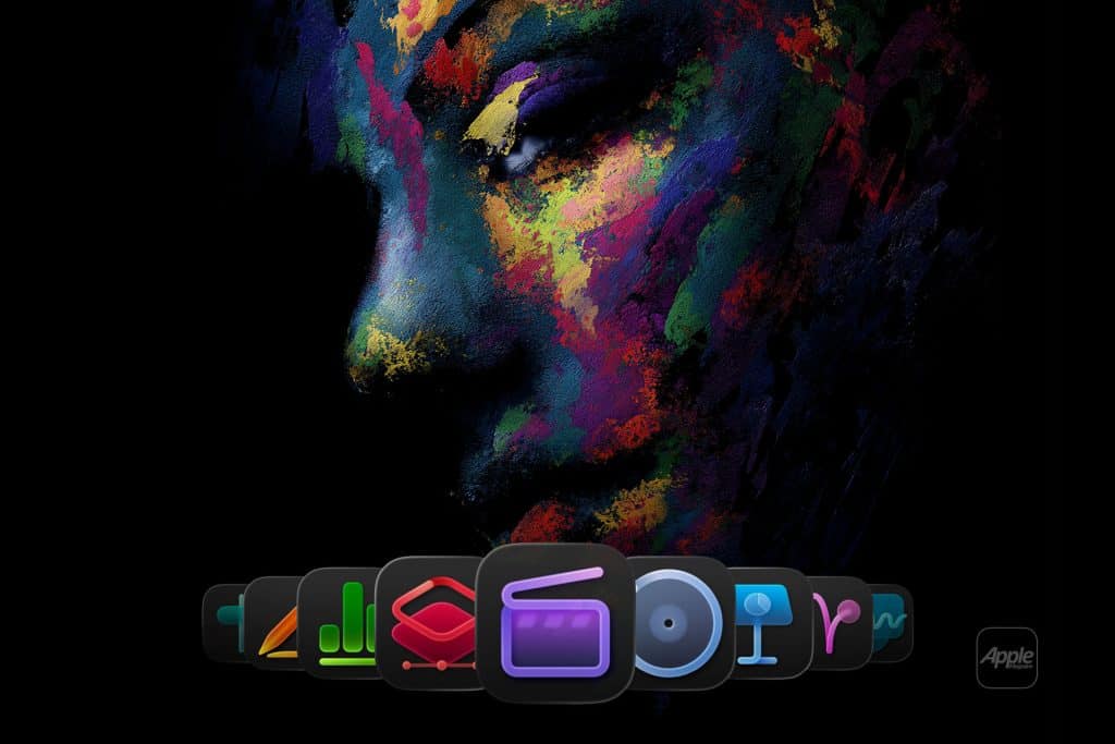 A digital painting of a face in vivid neon colors on a dark background, with a row of colorful app icons along the bottom, resembling the macOS Dock interface.