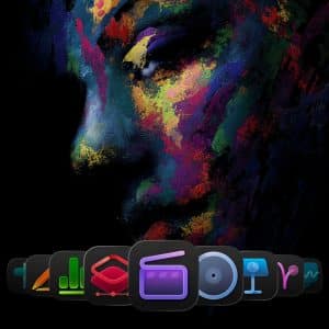 A digital painting of a face in vivid neon colors on a dark background, with a row of colorful app icons along the bottom, resembling the macOS Dock interface.