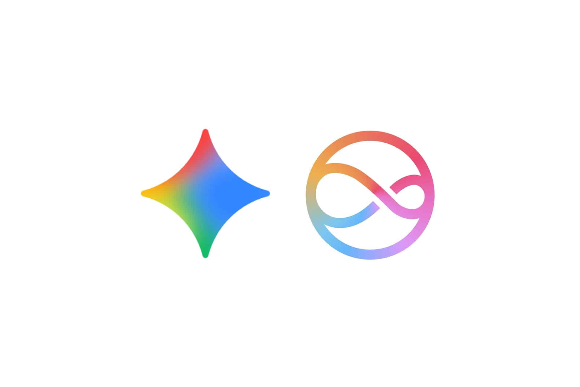 Two colorful gradient icons on a white background: a four-pointed star on the left and a circular infinity symbol on the right in rainbow hues, inspired by the vibrant aesthetics seen in Apple Siri and Gemini branding.