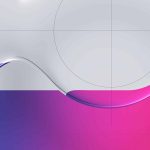 Abstract design featuring a liquid glass effect with a smooth wavy curve separating a white upper section from a vibrant gradient lower section transitioning from blue to pink, enhanced by faint circular and straight grid lines in the background.