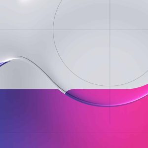 Abstract design featuring a liquid glass effect with a smooth wavy curve separating a white upper section from a vibrant gradient lower section transitioning from blue to pink, enhanced by faint circular and straight grid lines in the background.