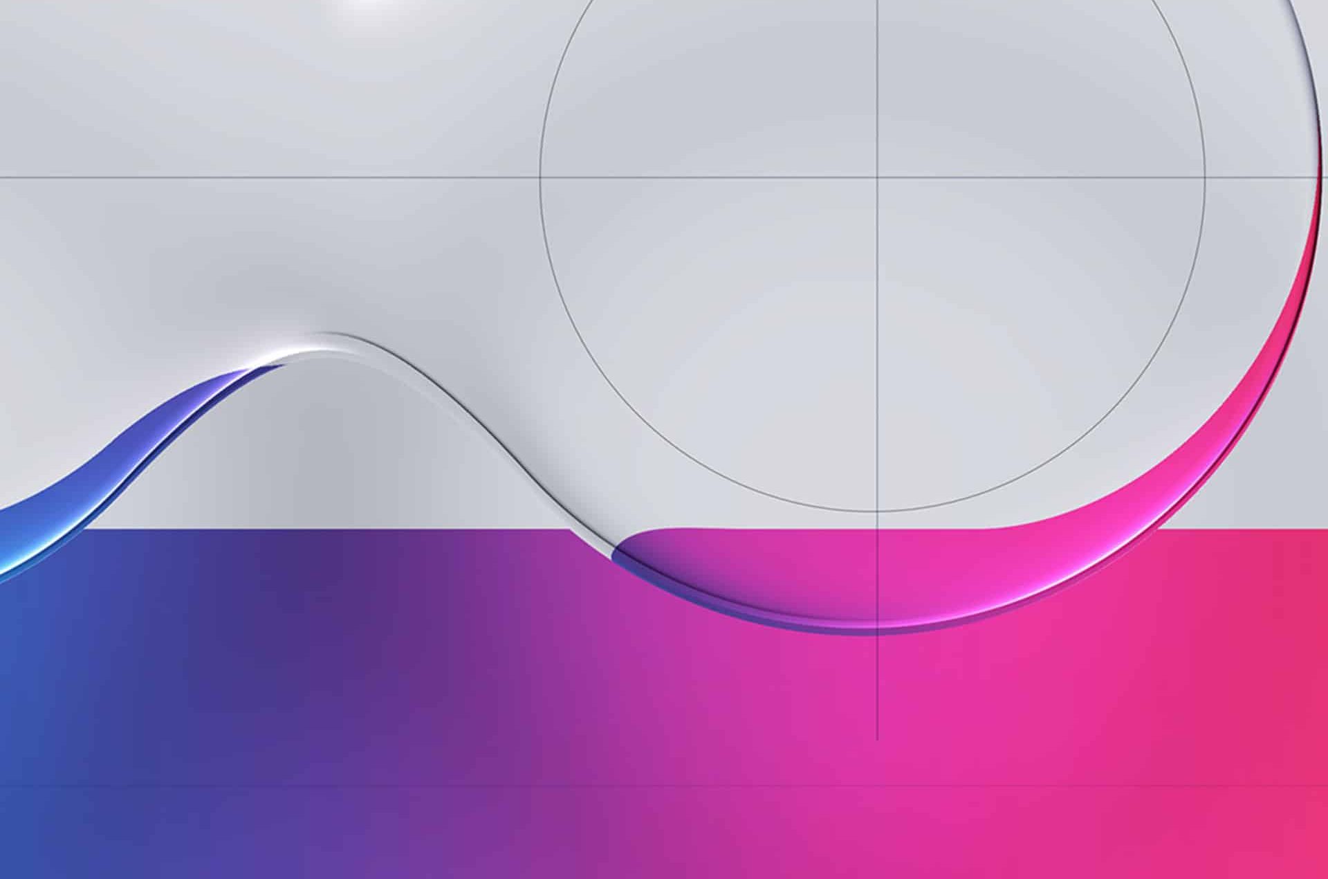 Abstract design featuring a liquid glass effect with a smooth wavy curve separating a white upper section from a vibrant gradient lower section transitioning from blue to pink, enhanced by faint circular and straight grid lines in the background.