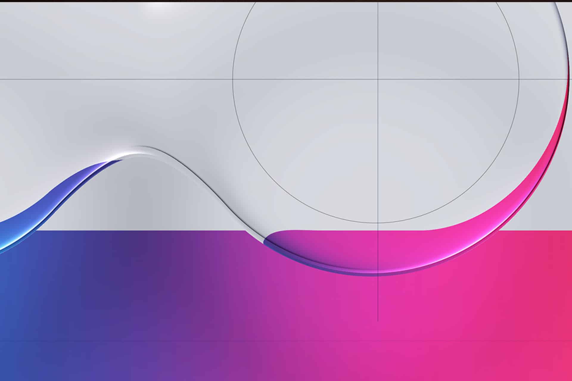 Abstract design featuring a liquid glass effect with a smooth wavy curve separating a white upper section from a vibrant gradient lower section transitioning from blue to pink, enhanced by faint circular and straight grid lines in the background.