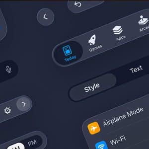 A close-up of a dark-themed user interface with a sleek Liquid Glass finish, featuring various buttons and menus for games, apps, arcade, style settings, airplane mode, Wi-Fi, plus several icons and text fields.