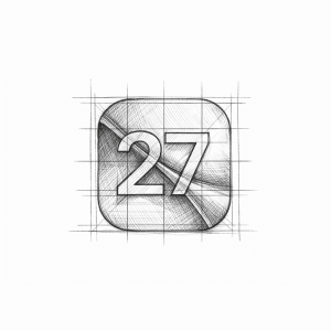 A hand-drawn sketch of a rounded square app icon with the number 27 in the center, overlaid with grid and construction lines on a white background, inspired by iOS 27 design principles.