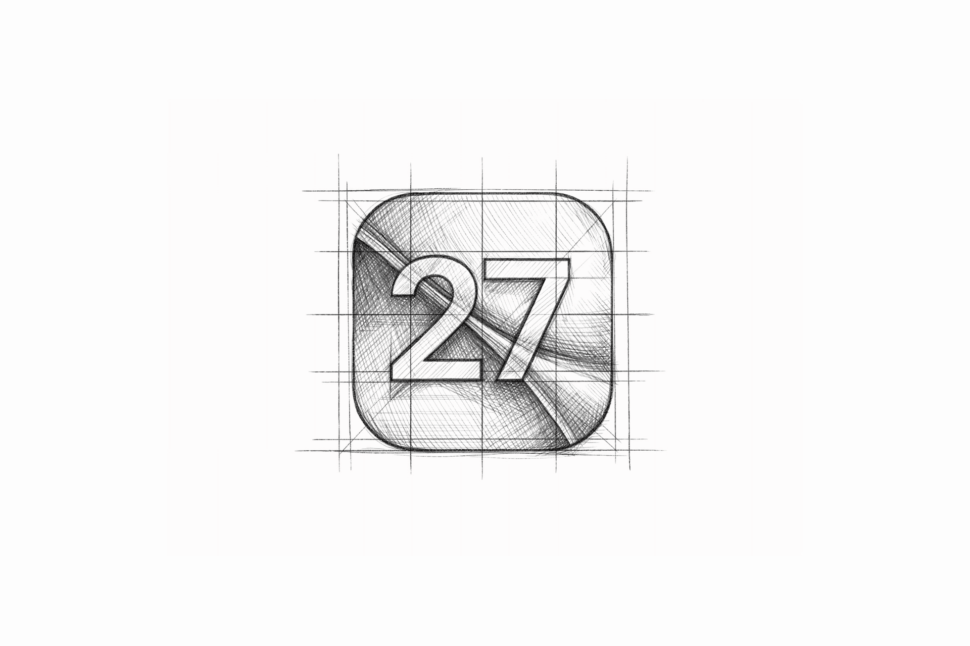 A hand-drawn sketch of a rounded square app icon with the number 27 in the center, overlaid with grid and construction lines on a white background, inspired by iOS 27 design principles.