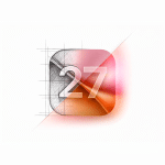 A rounded square with the number 27 in the center, half rendered in black pencil-like sketch lines and half in a glossy orange-pink gradient with light reflections, on a white background—a modern look inspired by iOS 27.