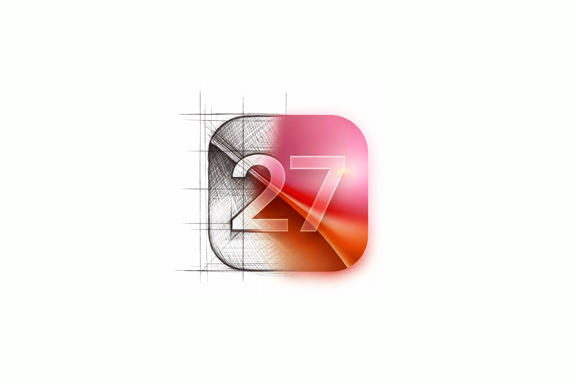 A glossy, rounded square icon inspired by iOS 27, featuring a gradient of pink, orange, and red with the number "27" and partial sketch lines, blending digital and hand-drawn design elements on a white background.