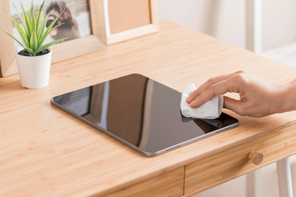 A hand uses a white cloth to give an iPad screen clean on a wooden desk, beside a small potted plant, a framed photo, and a corkboard.
