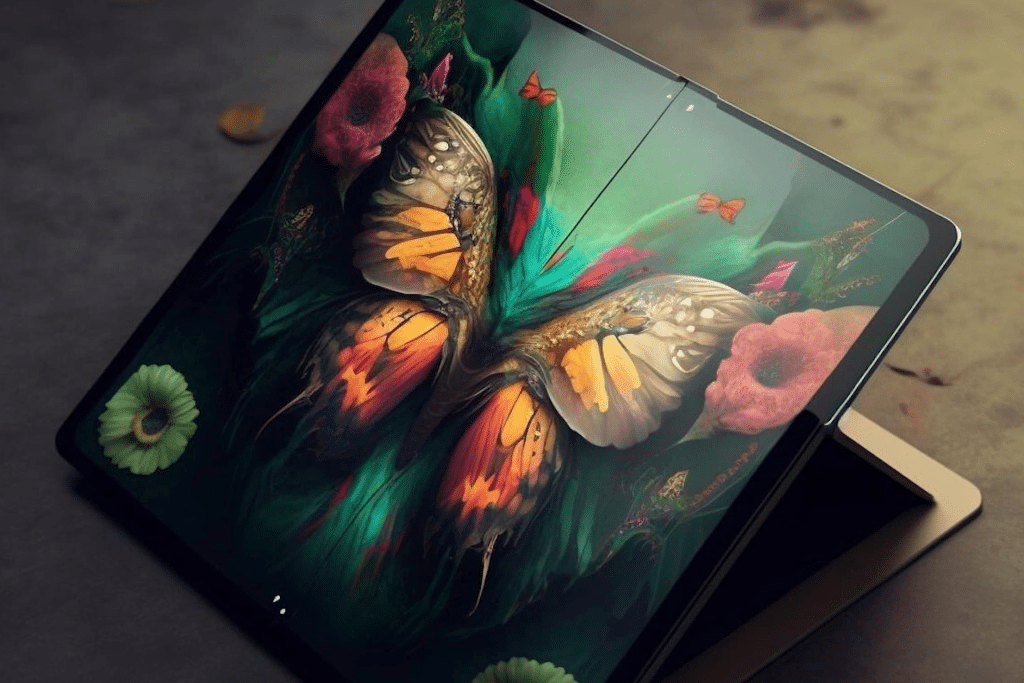 A foldable iPad 2026 displaying vivid digital art of a butterfly with colorful wings, surrounded by flowers and leaves, rests open on a gray surface.