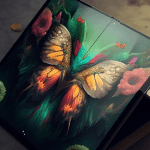 A foldable iPad 2026 displaying vivid digital art of a butterfly with colorful wings, surrounded by flowers and leaves, rests open on a gray surface.